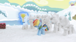 Size: 1920x1080 | Tagged: safe, screencap, rainbow dash, rarity, pegasus, pony, unicorn, g4.5, my little pony: stop motion short, snow pony contest (short), animated, claymation, crate, female, outdoors, smiling, snow, snow sculpture, snowpony, sound, stop motion, surprised, tree, trophy, webm, wings