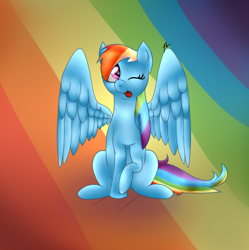 Size: 442x444 | Tagged: safe, artist:xxneoneveningxx, rainbow dash, pegasus, pony, g4, cute, dashabetes, female, mare, one eye closed, raised hoof, simple background, sitting, solo, spread wings, tongue out, wings