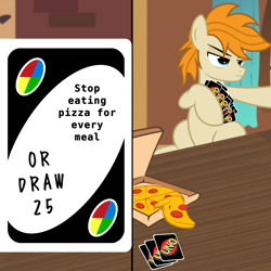 Size: 2500x2500 | Tagged: safe, artist:pizzamovies, oc, oc only, oc:pizzamovies, pony, annoyed, exploitable meme, food, high res, meat, meme, pepperoni, pepperoni pizza, pizza, pizza box, show accurate, solo, uno