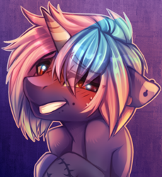 Size: 500x546 | Tagged: safe, artist:cabbage-arts, oc, oc only, pony, unicorn, blushing, eye clipping through hair, grin, horn, male, smiling, solo, unicorn oc