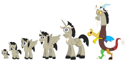 Size: 4000x1931 | Tagged: safe, artist:aleximusprime, discord, oc, oc:accord, alicorn, draconequus, pony, flurry heart's story, g4, accord (alicorn), adolescence, adult, age of the alicorns, age progression, baby, baby pony, child, colt, evolution chart, foal, headcanon, kid, male, pony discord, simple background, solo, teenager, transparent background, young discord, younger