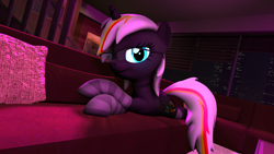 Size: 1920x1080 | Tagged: safe, artist:melbournesfm, oc, oc only, oc:velvet remedy, pony, unicorn, fallout equestria, 3d, choker, clothes, couch, female, glasses, looking at you, lying down, pillow, socks, solo, source filmmaker, striped socks, wallpaper