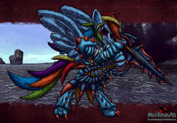 Size: 2945x2037 | Tagged: safe, artist:metadragonart, rainbow dash, pegasus, pony, g4, armor, badass, female, high res, mare, monster hunter, solo, spread wings, weapon, wings