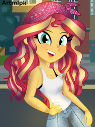 Size: 1536x2048 | Tagged: safe, artist:artmlpk, sunset shimmer, equestria girls, g4, bandana, blushing, bra, clothes, crop top bra, cute, denim, design, female, hand on hip, house, jeans, looking at you, open mouth, pants, shimmerbetes, shirt, smiling, smiling at you, solo, style, t-shirt, tank top, underwear