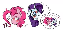 Size: 1754x877 | Tagged: safe, artist:shelbysmol, pinkie pie, rarity, earth pony, pony, unicorn, g4, blushing, bust, drunk, drunk bubbles, drunk rarity, duo, female, kissing, lesbian, mare, question mark, ship:raripie, shipping, signature, simple background, sweat, thought bubble, white background