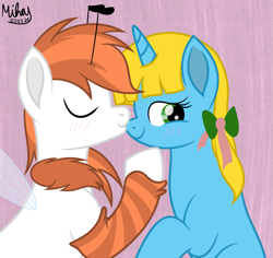 Size: 3057x2881 | Tagged: safe, artist:mihay, oc, oc only, oc:manubee, oc:sunshine denom, bee pony, original species, pony, birthday, cute, high res, kissing, movie accurate, nosekiss, shipping, simple background