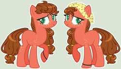 Size: 1024x584 | Tagged: safe, artist:stormcloud-yt, oc, oc only, earth pony, pony, base used, bracelet, duo, earth pony oc, eyelashes, female, freckles, gray background, handkerchief, hat, jewelry, magical gay spawn, mare, offspring, parent:big macintosh, parent:cheese sandwich, parents:mac n cheese, simple background, solo