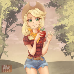Size: 1280x1281 | Tagged: safe, artist:vilyann, artist:who-the-hell-is-vilyan, part of a set, applejack, human, g4, apple, bandana, colored pupils, cute, denim shorts, female, flannel, food, humanized, jackabetes, looking at you, smiling, solo
