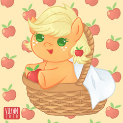Size: 737x737 | Tagged: safe, artist:vilyann, artist:who-the-hell-is-vilyan, part of a set, applejack, earth pony, pony, g4, apple, baby, baby pony, babyjack, basket, cute, female, foal, food, jackabetes, open mouth, solo, weapons-grade cute, younger