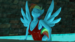 Size: 3840x2160 | Tagged: safe, artist:epsilonwolf, rainbow dash, pegasus, anthro, plantigrade anthro, g4, 3d, breasts, busty rainbow dash, cleavage, clothes, eyes closed, female, high res, indoor swimming pool, indoors, nexgen, one-piece swimsuit, solo, source filmmaker, swimming pool, swimsuit, water, wet, wet mane, wings