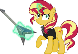 Size: 3021x2094 | Tagged: safe, artist:anime-equestria, sunset shimmer, pony, unicorn, g4, clothes, ear piercing, female, flying v, guitar, high res, jacket, leather jacket, levitation, looking at you, magic, mare, musical instrument, piercing, ponified, rock (music), rocker, simple background, smiling, solo, spikes, telekinesis, transparent background, vector