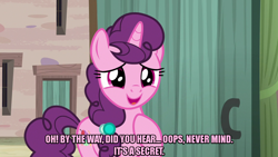 Size: 1280x720 | Tagged: safe, edit, edited screencap, screencap, sugar belle, pony, unicorn, g4, hard to say anything, caption, door, female, hoof on chest, image macro, mare, meme, open mouth, pink text, raised hoof, solo, text, tomodachi life