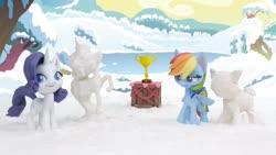 Size: 1280x720 | Tagged: safe, screencap, rainbow dash, rarity, pegasus, pony, unicorn, g4.5, my little pony: stop motion short, snow pony contest (short), competition, female, mare, snow, trophy