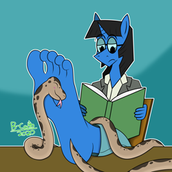 Size: 2500x2500 | Tagged: safe, artist:b-cacto, oc, oc only, oc:mint petal, snake, anthro, plantigrade anthro, book, chair, feet, feet on table, fetish, foot fetish, glasses, high res, reading, table