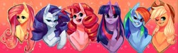 Size: 2000x600 | Tagged: safe, artist:pinki3xpie, applejack, fluttershy, pinkie pie, rainbow dash, rarity, twilight sparkle, earth pony, pegasus, pony, unicorn, ambiguous facial structure, bust, cutie mark background, female, freckles, grin, group shot, lidded eyes, mane six, mare, one eye closed, open mouth, portrait, smiling, wink