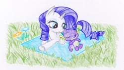 Size: 2510x1412 | Tagged: safe, artist:michiito, rarity, spike, dragon, pony, unicorn, g4, colored pencil drawing, cute, female, grass, male, raribetes, ship:sparity, shipping, spikabetes, straight, traditional art