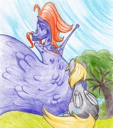 Size: 2552x2871 | Tagged: safe, artist:michiito, part of a set, derpy hooves, steven magnet, pegasus, pony, sea serpent, g4, colored pencil drawing, duo, female, high res, male, mare, rear view, sitting, stretching, traditional art, tree
