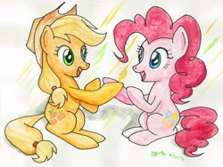 Size: 3000x2250 | Tagged: safe, artist:michiito, applejack, pinkie pie, earth pony, pony, g4, hearthbreakers, duo, high res, looking at each other, sitting, smiling, traditional art, watercolor painting