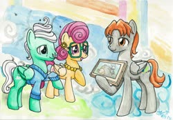 Size: 4000x2785 | Tagged: safe, artist:michiito, gentle breeze, posey shy, oc, pegasus, pony, g4, clothes, glasses, jewelry, necklace, painting, sweater, traditional art, watercolor painting