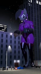 Size: 720x1280 | Tagged: safe, artist:magnetvox, oc, oc only, earth pony, pony, anthro, 3d, barrel, bodysuit, boots, building, camera, car, clothes, demoman, demoman (tf2), engineer, engineer (tf2), female, film set, filming, giant anthro, giant pony, giant/macro earth pony, giantess, gloves, grand theft auto, heavy (tf2), lamppost, light, looking down, macro, micro, mug, night, pfister comet, pyro (tf2), scout (tf2), shoes, skinsuit, skintight clothes, source filmmaker, team fortress 2, truck
