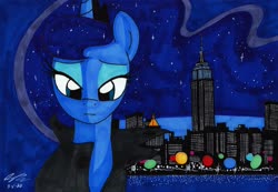Size: 2979x2059 | Tagged: safe, artist:newyorkx3, princess luna, alicorn, pony, g4, city, clothes, female, high res, jacket, light, new york city, night, solo, traditional art, water