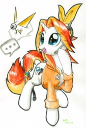 Size: 2711x4000 | Tagged: safe, artist:michiito, oc, oc only, oc:cheerful live, pony, unicorn, clothes, headset, jacket, solo, traditional art