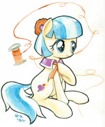 Size: 3306x4000 | Tagged: safe, artist:michiito, coco pommel, earth pony, pony, g4, cocobetes, cute, female, hoof on chest, mare, smiling, solo, spool, thread, traditional art, watercolor painting