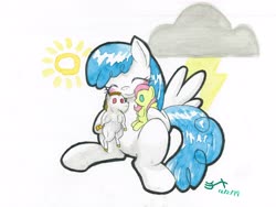 Size: 4000x3000 | Tagged: safe, artist:michiito, bulk biceps, fluttershy, lightning bolt, white lightning, pegasus, pony, g4, eyes closed, female, implied flutterbulk, shipper on deck, smiling, solo, toy, traditional art, watercolor painting