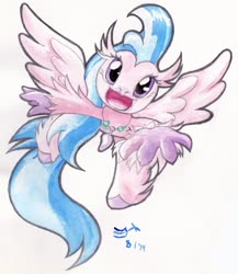Size: 1041x1200 | Tagged: safe, artist:michiito, silverstream, classical hippogriff, hippogriff, g4, cute, diastreamies, female, it's coming right at us, japanese, jewelry, looking at you, looking up at you, necklace, open mouth, perspective, pixiv, signature, simple background, smiling, solo, traditional art, watercolor painting, white background