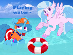 Size: 1440x1080 | Tagged: safe, artist:rainbow eevee edits, artist:徐詩珮, silverstream, spring rain, pony, unicorn, series:sprglitemplight diary, series:sprglitemplight life jacket days, series:springshadowdrops diary, series:springshadowdrops life jacket days, g4, alternate universe, clothes, cute, diastreamies, lifeguard, lifeguard spring rain, paw patrol, zuma (paw patrol)