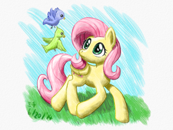 Size: 2448x1836 | Tagged: safe, artist:michiito, fluttershy, bird, pegasus, pony, g4, cute, digital art, female, grass, looking back, mare, shyabetes, smiling, solo, walking