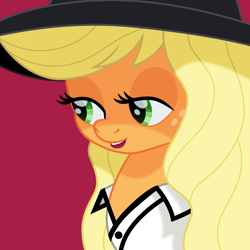 Size: 1500x1500 | Tagged: safe, artist:cloudy glow, applejack, earth pony, pony, g4, bust, female, freckles, hat, lidded eyes, mare, movie accurate, red (song), red background, simple background, taylor swift