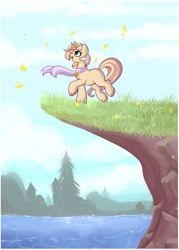 Size: 695x968 | Tagged: safe, artist:lulubell, oc, oc only, oc:lulubell, pony, unicorn, cliff, clothes, female, happy, lake, mare, petals, scarf, solo, unshorn fetlocks, windswept mane