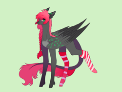 Size: 2528x1896 | Tagged: safe, artist:hyshyy, oc, oc only, pegasus, pony, braid, clothes, female, green background, mare, simple background, socks, solo, striped socks, two toned wings, wings