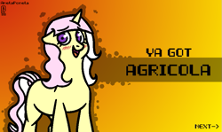 Size: 801x477 | Tagged: safe, artist:anelaponela, oc, oc only, oc:agricola, pony, unicorn, banned from equestria daily, blushing, female, implied sex, looking at you, mare, meme, open mouth, smiling, smiling at you, solo, splash art, ya got