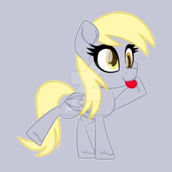 Size: 1280x1280 | Tagged: safe, artist:thehaywaiianhorse, derpy hooves, pony, g4, chibi, deviantart watermark, female, gray background, obtrusive watermark, simple background, solo, tongue out, watermark