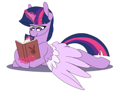 Size: 2700x2000 | Tagged: safe, artist:liefsong, twilight sparkle, alicorn, pony, g4, book, female, high res, lying down, magic, mare, playboy, reading, simple background, smiling, solo, spread wings, transparent background, twilight sparkle (alicorn), wings