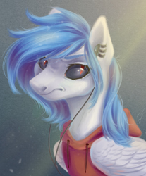 Size: 1900x2300 | Tagged: safe, artist:гусь, oc, oc only, pegasus, pony, angry, black sclera, clothes, dark eyes, ear piercing, female, headphones, hoodie, looking back, mare, piercing, simple background, solo, wings