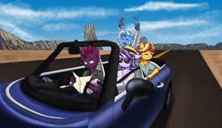 Size: 5371x3112 | Tagged: safe, artist:chub-wub, starlight glimmer, sunset shimmer, tempest shadow, trixie, unicorn, anthro, g4, car, clothes, driving, road trip, sunglasses