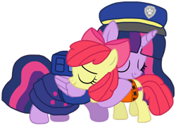Size: 1440x1022 | Tagged: safe, artist:徐詩珮, apple bloom, twilight sparkle, alicorn, pony, series:sprglitemplight diary, series:sprglitemplight life jacket days, series:springshadowdrops diary, series:springshadowdrops life jacket days, g4, alternate universe, base used, chase (paw patrol), clothes, cute, equestria girls outfit, hug, lifejacket, paw patrol, simple background, transparent background, twilight sparkle (alicorn)