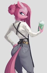 Size: 800x1230 | Tagged: safe, artist:spaboofy, pinkie pie, earth pony, anthro, g4, alternate hairstyle, apron, clothes, female, jeans, looking back, pants, pinkamena diane pie, solo