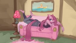 Size: 1583x908 | Tagged: safe, artist:spaboofy, pinkie pie, earth pony, anthro, plantigrade anthro, g4, barefoot, breasts, busty pinkie pie, clothes, couch, feet, female, jeans, lying, pants, pinkamena diane pie, solo, the pose