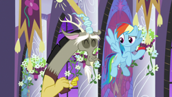 Size: 1920x1080 | Tagged: safe, screencap, discord, rainbow dash, draconequus, pegasus, pony, g4, the summer sun setback, canterlot castle interior, confused, cute, discute, eyebrows, eyes closed, female, male, mare, note, raised eyebrow, smiling, stained glass