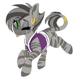 Size: 2477x2477 | Tagged: safe, artist:red_moonwolf, edit, oc, oc only, oc:zyala, pony, zebra, clothes, colored, cute, ear piercing, earring, female, high res, hoodie, jewelry, one eye closed, piercing, simple background, solo, tongue out, transparent background, wink