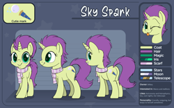 Size: 4000x2500 | Tagged: safe, artist:pirill, oc, oc only, oc:sky spark, pony, unicorn, cheek fluff, clothes, color palette, commission, cute, cutie mark, ear fluff, female, green eyes, horn, leg fluff, looking at you, looking back, mare, ocbetes, purple hair, reference sheet, scarf, simple background, solo, unicorn oc