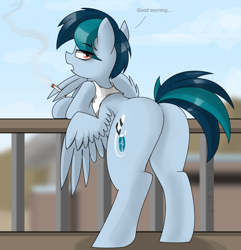Size: 3120x3240 | Tagged: safe, artist:pencil bolt, oc, oc only, oc:delta vee, pegasus, pony, butt, cigarette, clothes, eye clipping through hair, female, high res, human shoulders, mare, plot, request, solo