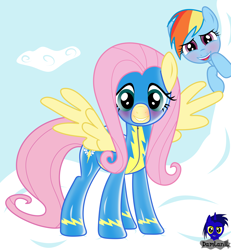 Size: 3840x4154 | Tagged: safe, artist:damlanil, fluttershy, rainbow dash, pegasus, pony, g4, blushing, clothes, duo, female, latex, latex suit, lip bite, looking at you, mare, rubber, shiny, show accurate, spread wings, spying, uniform, wings, wonderbolts, wonderbolts uniform, wondershy, zipper