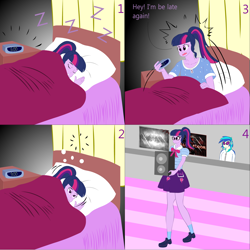 Size: 2000x2000 | Tagged: safe, artist:lzh, derpibooru exclusive, dj pon-3, sci-twi, twilight sparkle, vinyl scratch, equestria girls, g4, bed, clock, comic, female, high res, killing floor, old master q, pillow, quilt, sleeping, table, wake up