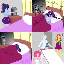 Size: 2000x2000 | Tagged: safe, artist:lzh, derpibooru exclusive, nurse redheart, pinkie pie, sci-twi, sunset shimmer, twilight sparkle, equestria girls, g4, bed, clock, comic, female, high res, old master q, pillow, quilt, sleeping, table