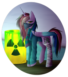 Size: 3315x3739 | Tagged: safe, artist:sparkie45, oc, oc only, oc:sparkiest lake, alicorn, pony, barrel, female, high res, mare, solo, toxic waste
